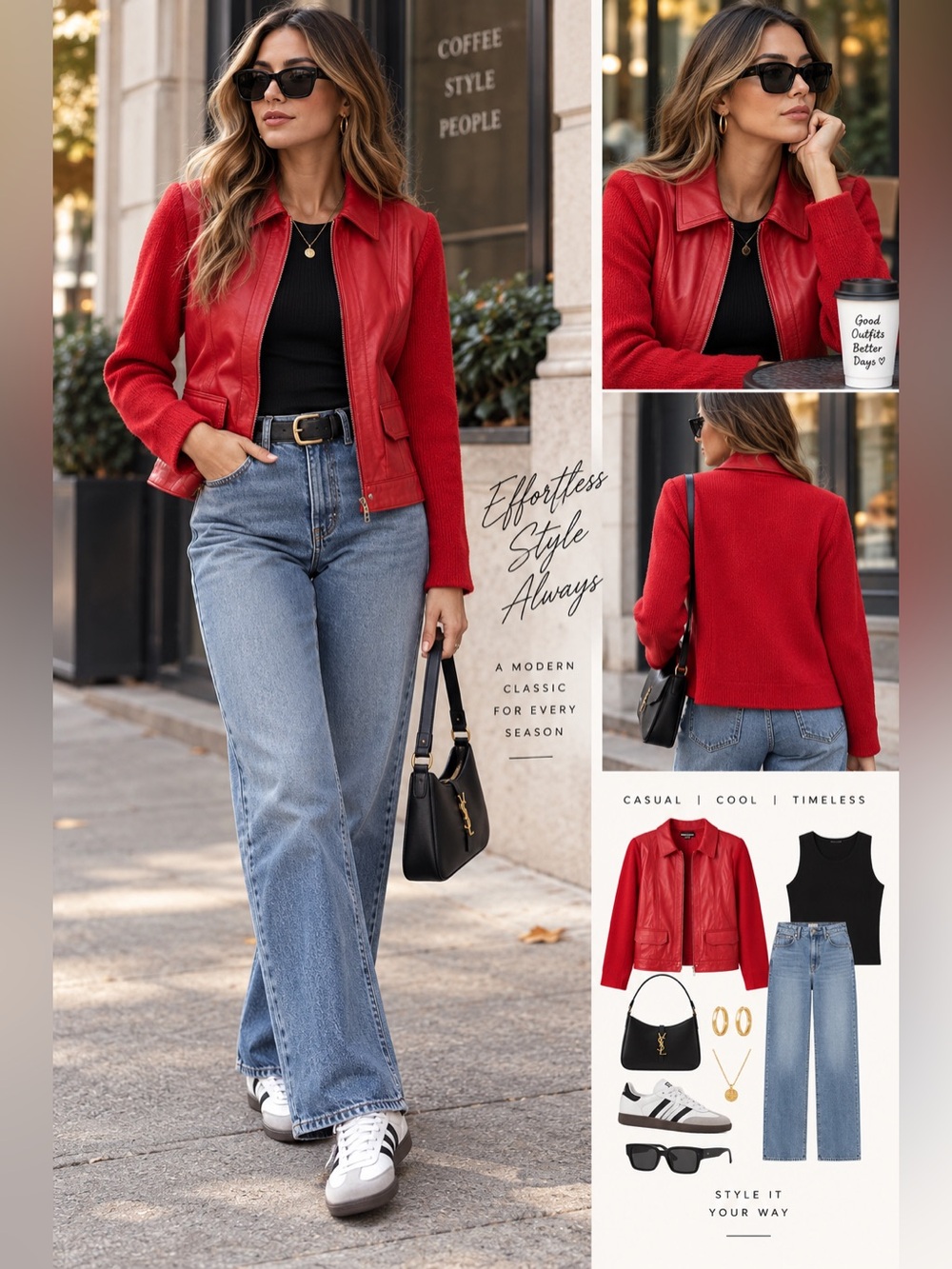 Classic Red Leather-Trim Jacket With Knit Sleeves and Back by Nygard Collection